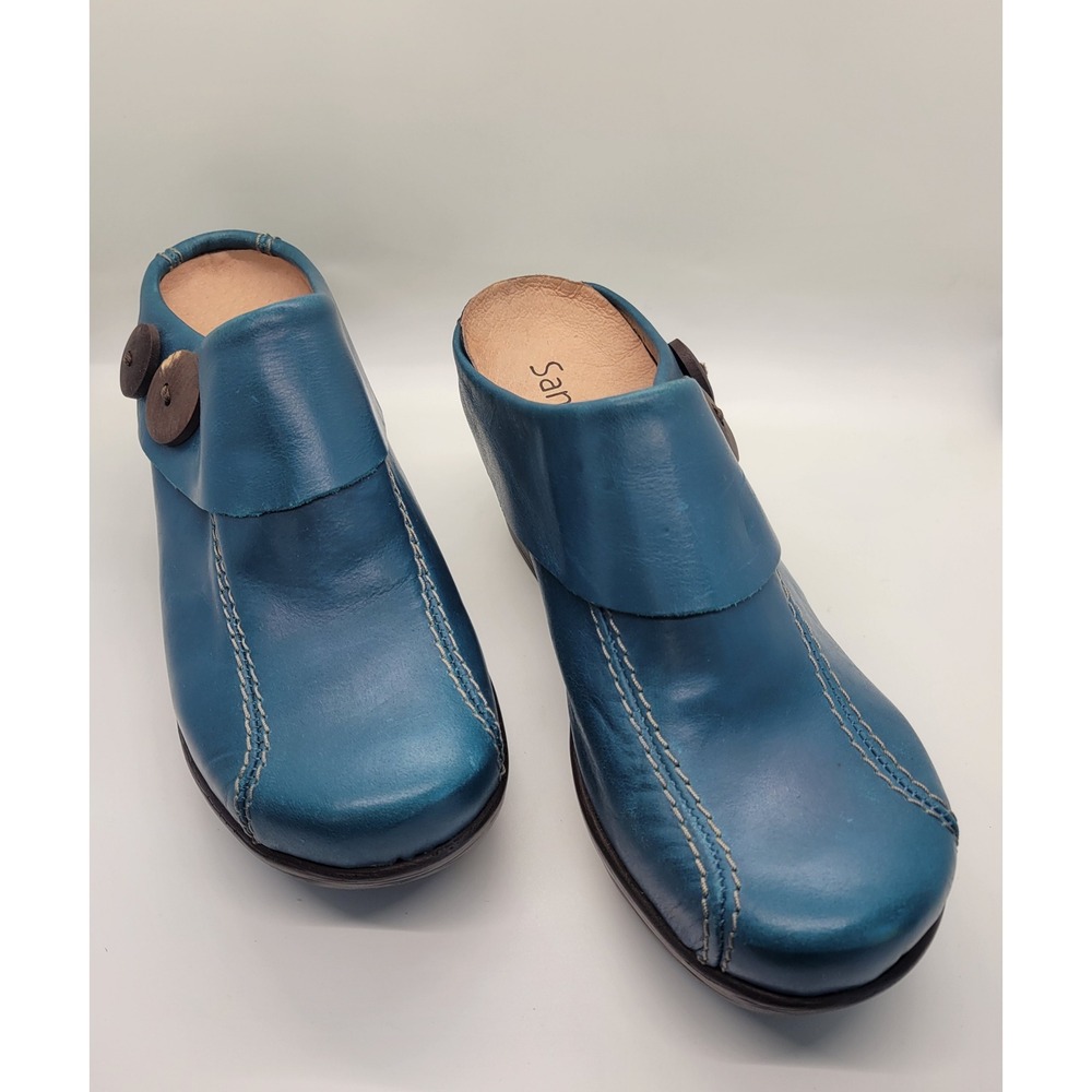 Sanita Teal Blue Leather Mule Clogs Women EU 37 US 6.5-7 Comfort Button 70s 90s - Picture 15 of 16